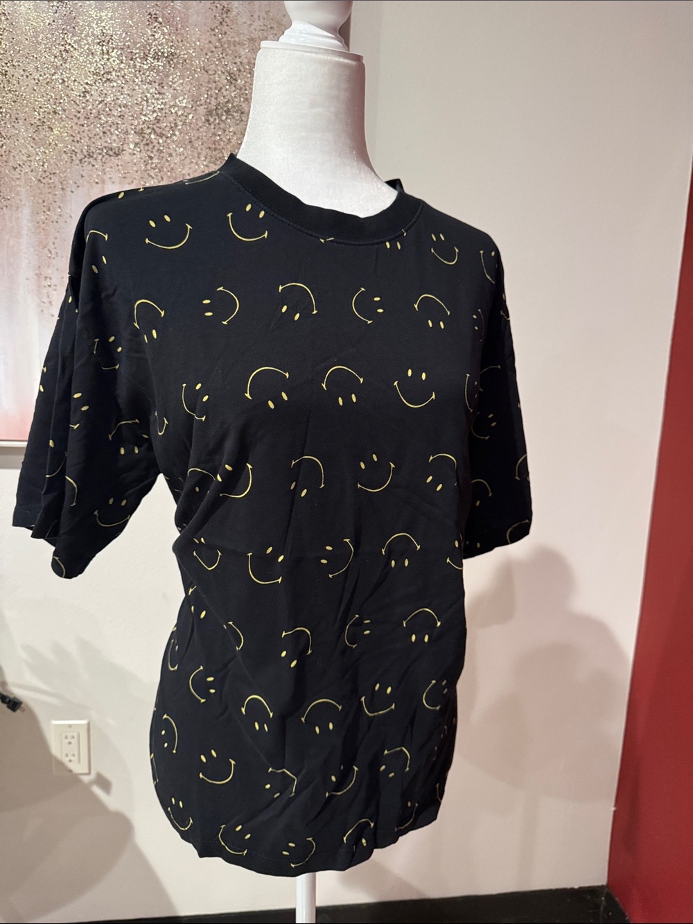 Sandro Black Short Sleeve Tee with Yellow Smile Print